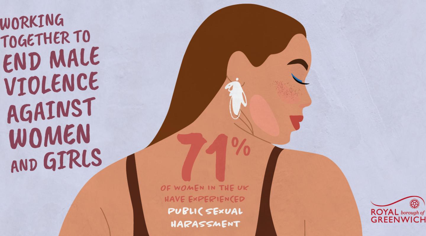 Illustration of a woman in profile with text promoting the end of male violence against women and girls. Text highlights that 71% of UK women have experienced public sexual harassment. Logo of Royal Borough of Greenwich in the corner.